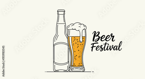 Line art illustration of a classic beer bottle next to a full glass of foamy beer with Beer Festival typography for events and celebrations.