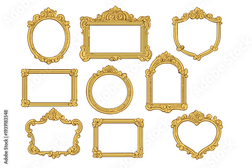 Decorative golden picture frames in various shapes and sizes shown