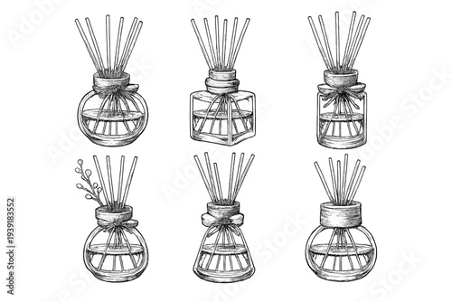 Different designs of home fragrance diffusers on white background
