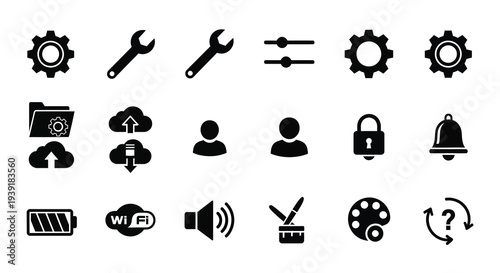 Collection of black icons depicting tools technology and concepts silhouette