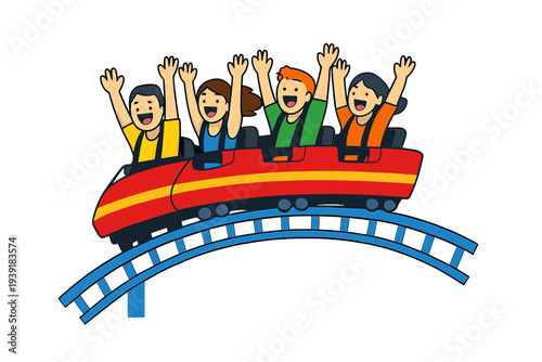 Group of friends enjoy ride on roller coaster at amusement park during
