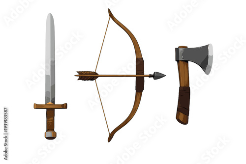 Collection of weapons including sword bow and axe on a plain