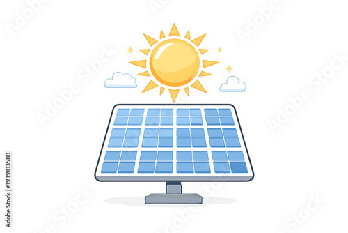 Bright sun shines over a solar panel with clouds in the background