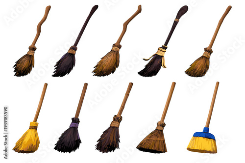 Different types of brooms arranged in a row for cleaning and sweeping