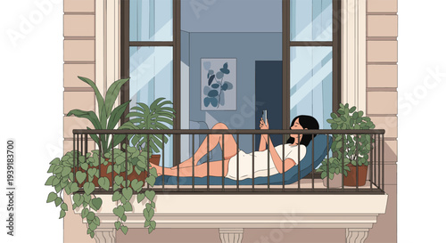 Relaxed young woman lying on a comfortable cushion on her balcony surrounded by green plants while using her smartphone in the sun.