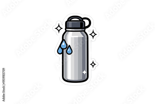 Water bottle with droplets and sparkles on a white background