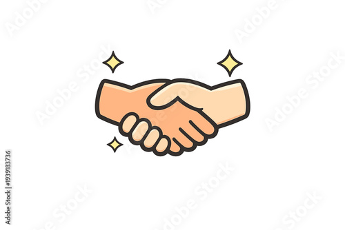 Two hands shake in a friendly agreement with sparkles around them