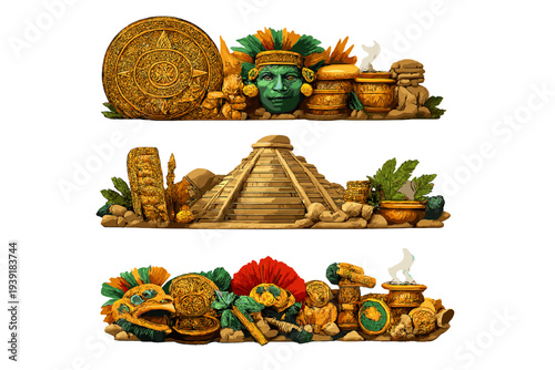 Ancient designs featuring Mayan artifacts and symbols on display in a