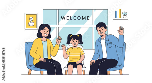 Happy family of three sitting together on chairs in front of a window with Welcome text to greet visitors or for a home concept.