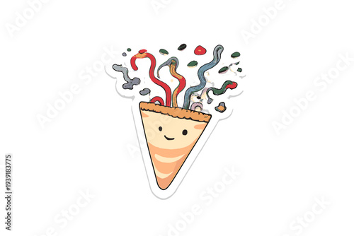 Cute cartoon cone character with colorful lines coming out and a