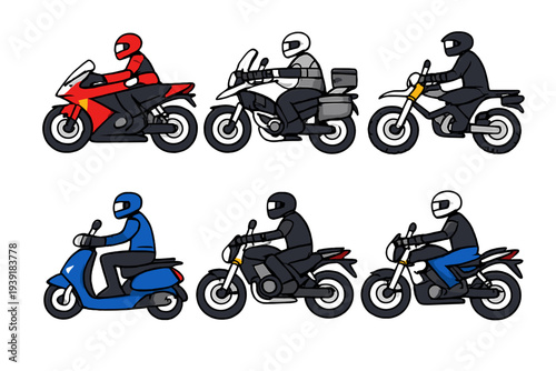 Different types of riders on motorcycles in various styles and colors