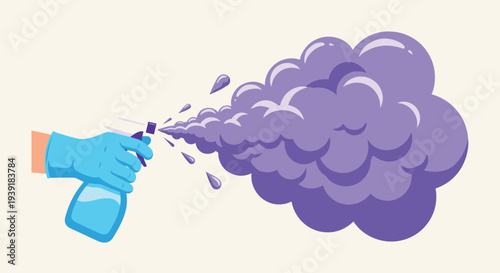 Person in a blue glove using a spray bottle to release a large cloud of purple disinfectant to sanitize the air and surfaces for hygiene.