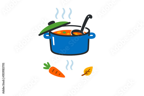 Cooking soup with carrots and herbs in a blue pot on a stove with