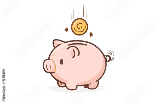 Piggy bank receives a coin as a symbol of saving money in a cartoon