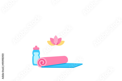 Yoga mat and water bottle with lotus symbol showing wellness activity
