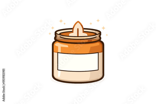 Candle with orange wax and white label on a plain background showing