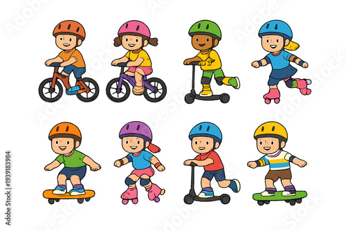 Kids riding different wheeled sports in a fun scene outdoors during