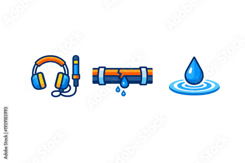 Water pipe leak with headphones and water droplet graphic design in a