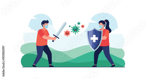 Two people in medical masks using a sword and a medical shield to fight against virus characters in a landscape to symbolize health defense.