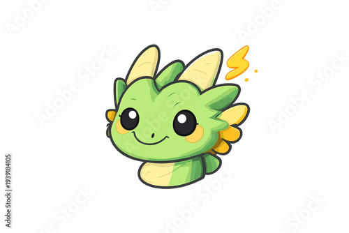Cute green cartoon dragon character with smiling face and small