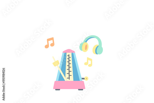 Metronome with notes and headphones shows rhythm tools for music