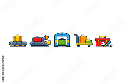 Baggage handling and airport equipment seen in various stages of