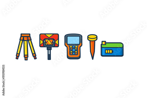 Various tools used in construction and surveying work are displayed in