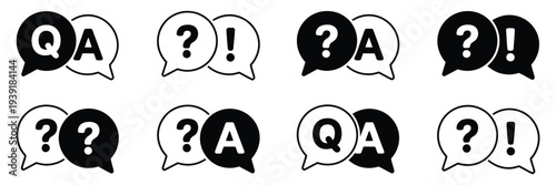 Question and answer icon set vector illustration, chat speech bubbles Q and A symbols, ask support dialog help center icons on white background