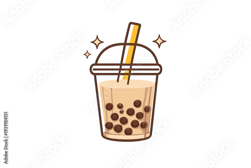 Cup filled with tea and bubbles on a white background with a straw