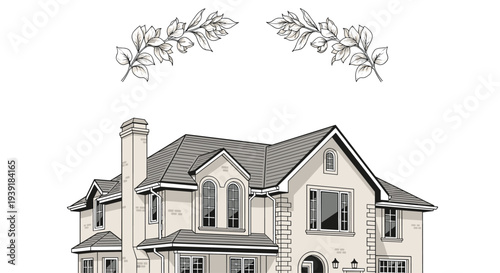 Detailed line art drawing of a large luxury suburban house with a red roof and chimneys, topped with decorative botanical leaves.