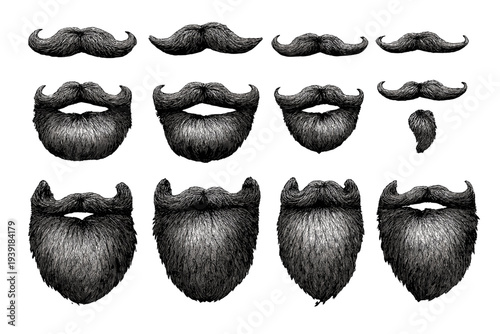 Different styles of mustaches and beards on a white background