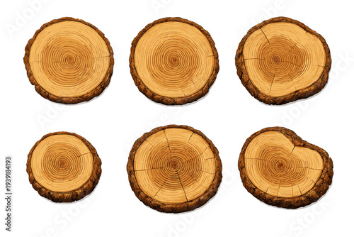 Wood slices of different shapes arranged on a white surface for