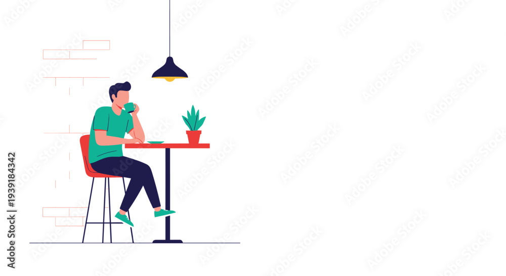 Fototapeta premium Young man sitting at a red cafe table and drinking coffee under a hanging lamp in a minimalist and stylish indoor setting.