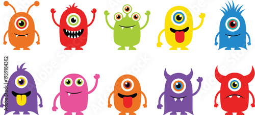 Cute colorful cartoon monsters collection with funny expressions, playful fantasy characters vector illustration set for kids design