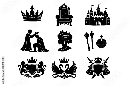Designs of crowns thrones and castles showcasing royalty and nobility