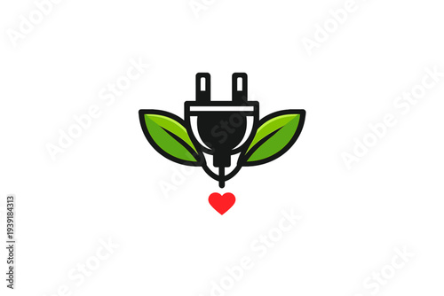 Electric plug with leaves and heart symbol representing eco-friendly