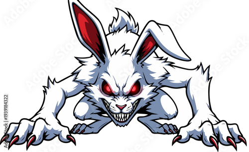 Aggressive white rabbit vector illustration with glowing red eyes, sharp claws, and fangs, depicting a menacing cartoon character for gaming, sports, or merchandise designs