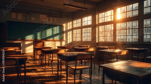 Empty nostalgic school classroom bathed in breathtaking golden hour sunlight streaming through large glass windows, neat rows of wooden desk.