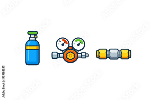 Various gas equipment including a tank regulator and connectors on a