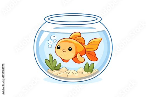 Goldfish swims in a round bowl filled with water and pebbles