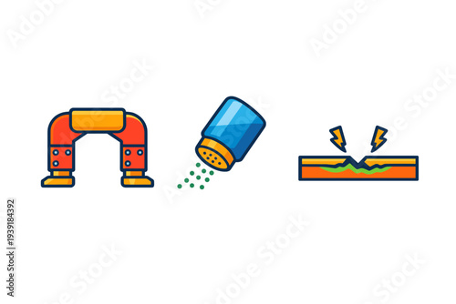 Pipe with salt shaker and broken surface shows possible plumbing issue