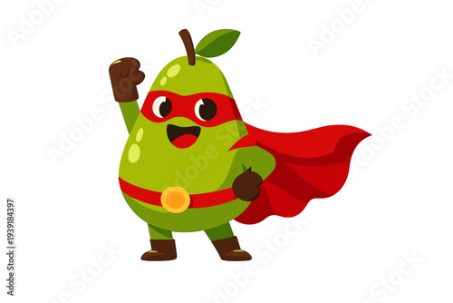 Superhero pear character with a red cape and strong pose in a cartoon