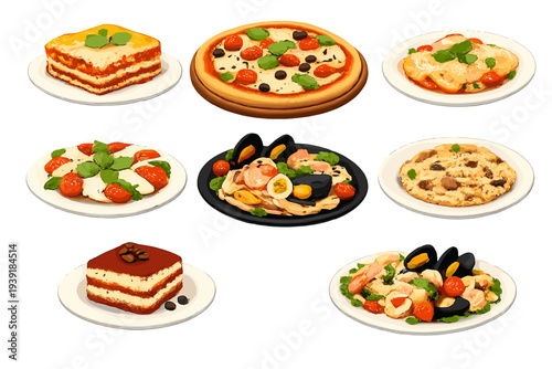 Variety of Italian dishes with toppings and garnishes served on plates