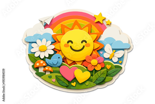 Bright sun with flowers clouds and a rainbow in vibrant colors on a
