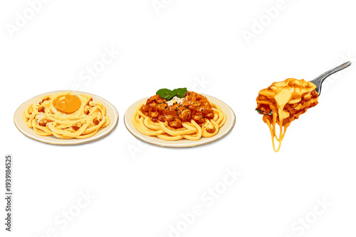 Different types of pasta dishes served on plates with a fork holding a