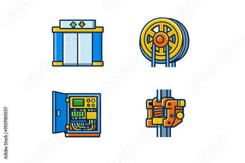 Different components of an elevator system with control panel pulley