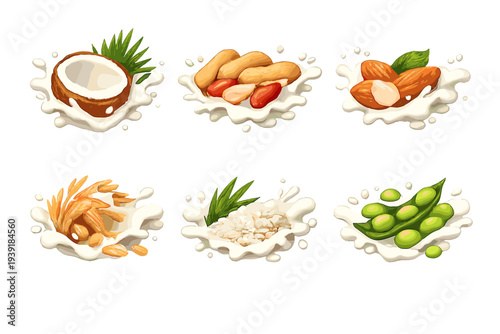 Different types of nuts and fruits arranged in splashes of milk with a