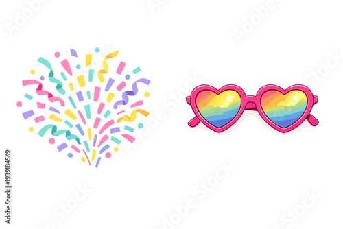 Colorful confetti burst and heart-shaped sunglasses on a white