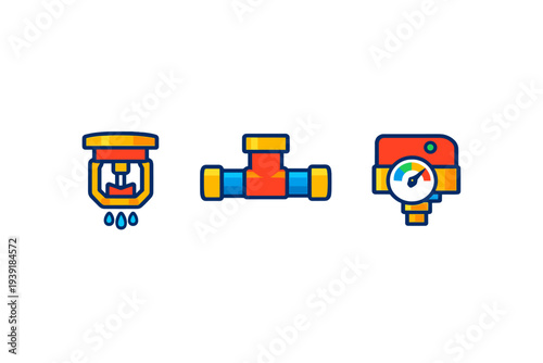 Different types of plumbing tools arranged in a row with colorful