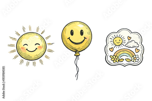 Bright sun cheerful balloon and happy scene with sun clouds and
